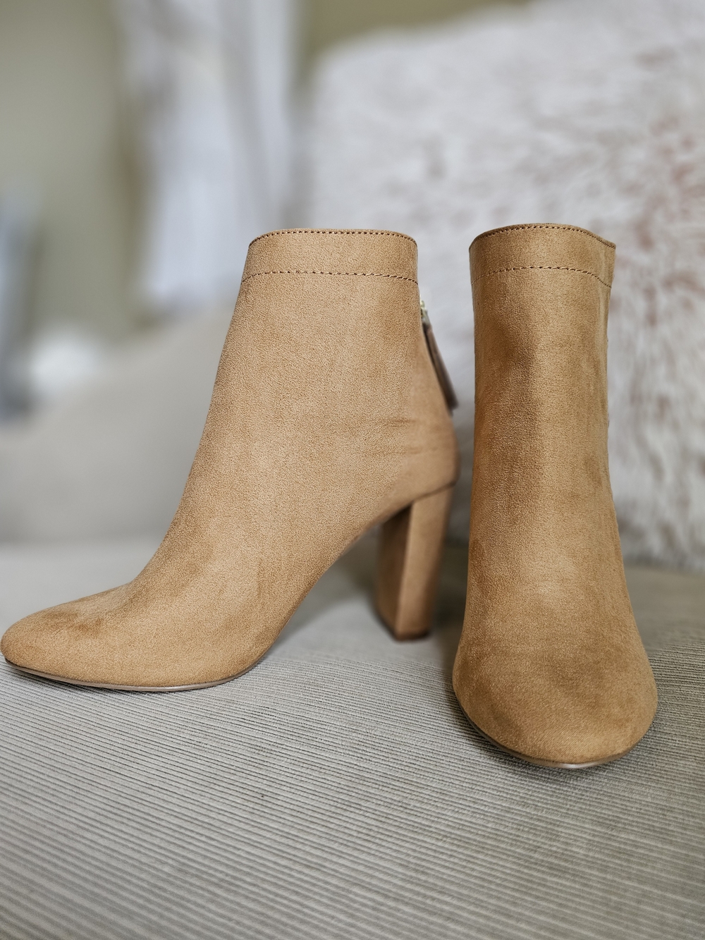 Qupid Tan Suede Block Heel Ankle Booties